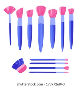 Equipo de cosméticos dibujado a mano. Enmascarador profesional de maquillaje pólvora cepillos de ceja de los párpados. Ilustración vectorial moderna en estilo plano aislada en fondo blanco.