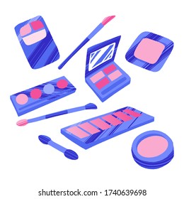 Hand drawn cosmetics set. Professional makeup powder, blush, eyeshadow and brushes. Modern vector illustration in flat style isolated on white background.