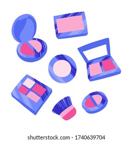 Hand drawn cosmetics set. Professional makeup powder, blush, eyeshadow and brushes. Modern vector illustration in flat style isolated on white background.
