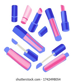 Hand drawn cosmetics set. Professional makeup lipsticks and glosses. Modern vector illustration in flat style isolated on white background.