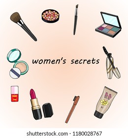 Hand drawn cosmetics set. Women's secrets.