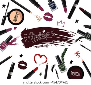 Hand drawn cosmetics set.Nail polish, mascara, lipstick,eye shadows,brush,powder, lip gloss,handwritten lettering. Business Vector illustration. Make up elements