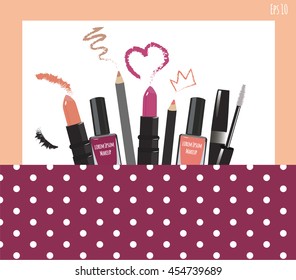 Hand drawn cosmetics set.Nail polish, mascara, lipstick,eye shadows,brush,powder, lip gloss,handwritten lettering. Business Vector illustration. Make up elements