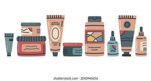 Hand drawn cosmetics skincare products. Cream, lotion, scrub, wash gel, emulsion vector illustration set. Organic cosmetics cleansing and moisturizing products