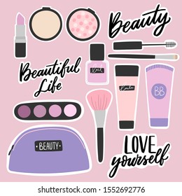 Hand drawn cosmetics stickers. Beautyful decorative cosmetics illustrations. Stickers for girls.