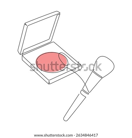 Hand drawn cosmetics vector. Makeup brush and blush icon, one line continuous drawing. Beauty product linear silhouette, minimal print, banner, card, poster, brochure, logo, sign, symbol.