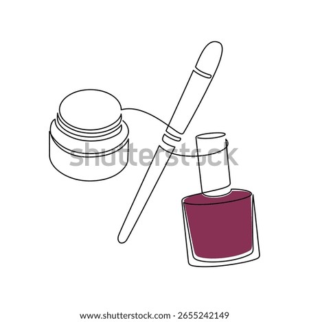 Hand drawn cosmetics vector. Makeup brush and blush icon, nail polish bottle one line continuous drawing. Beauty product linear silhouette print, banner, card, poster, brochure, logo, sign, symbol.