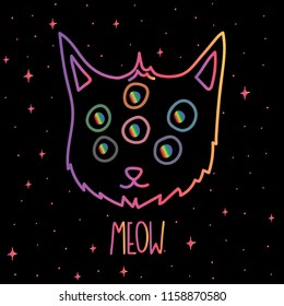 Hand Drawn cosmic cat in space card. Illustrations Drawing Vector Sketch for textile, print, postcard, text, invitation, poster, background, book, t-shirt, wallpaper