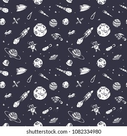 Hand drawn cosmic doodles seamless pattern on a white background.