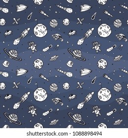 Hand drawn cosmic doodles seamless pattern on a white background.