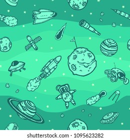 Hand drawn cosmic doodles seamless pattern on a white background.