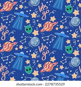 Hand drawn cosmic elements seamless pattern. Space background