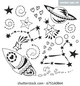 Hand drawn cosmic elements: space rocket, constellations, stars, comet in doodle style. Good for print and wallpaper designs, kids fashion, comics and children books, gift cover.