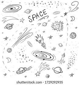 Hand drawn cosmic objects set. Doodles. Black on white.
Space collection. Isolated.
Vector illustration