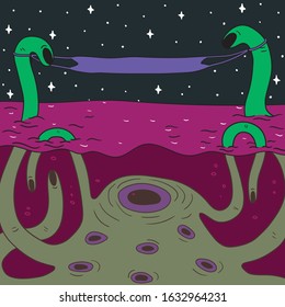 Hand Drawn cosmic octopus underwater. Illustrations Drawing Vector Sketch for textile, print, postcard, text, invitation, poster, background, book, t-shirt, wallpaper
