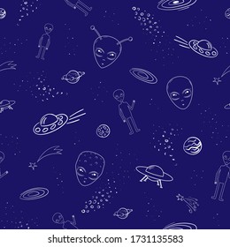 Hand drawn cosmic seamless pattern. Doodles endless backdrop. White on dark blue. Aliens, planets, UFO, comets, asteroids, space debris, stones.
Vector illustration