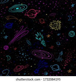 Hand drawn cosmic seamless pattern. Doodles endless backdrop. Colorful objects on black background. Rockets, planets, UFO, stars, comets, asteroids, space debris, stones.
Vector illustration