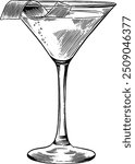 Hand drawn Cosmopolitan Cocktail Drink Sketch Illustration Engraving Woodcut Style