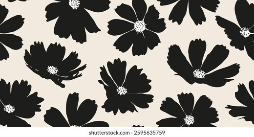 Hand drawn cosmos cosmea flower seamless pattern in black white colors. Exotic floral pattern design for fabric, textiles, clothing, wrapping, cover, decor, backgrounds.