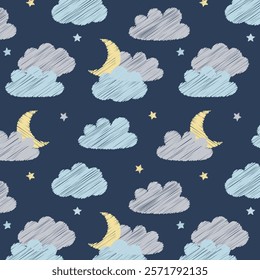 Hand drawn cosmos pattern with cloud moon. Cute doodle cloud and moon abstract patterns. Perfect pattern for kids fabric textile nursery wallpaper. Vector illustration.
