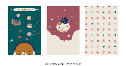  Hand drawn cosmos pattern and print  set. Cosmic Scandinavian vector collection. Perfect for kids fabric, textile, nursery wallpaper. Vector illustration.
