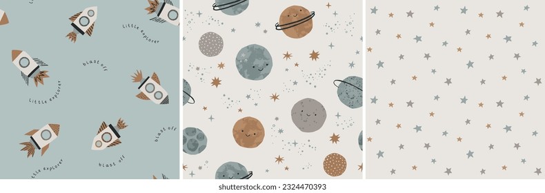 Hand drawn cosmos pattern set. Cute planets, stars and spaceship abstract patterns. Perfect for kids fabric, textile, nursery wallpaper. Vector illustration.