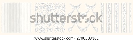 Hand drawn cottage core seamless pattern collection with a charming whimsical floral and ribbon bow design. Soft blue pastel and nostalgic print. Perfect for textiles and romantic vintage decor.