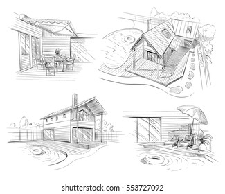 Hand Drawn Cottage House Sketch Design Stock Vector (Royalty Free ...