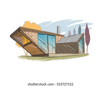 Hand drawn cottage house sketch design. Vector illustration