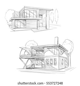 Hand Drawn Cottage House Sketch Design. Vector Illustration