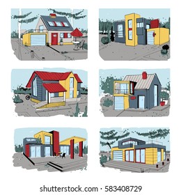 Hand drawn cottage. modern private residential houses. colorful sketch illustrations set.