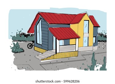 Hand drawn cottage. modern private residential house. colorful sketch illustration.