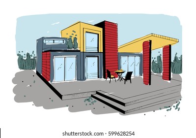 Hand drawn cottage. modern private residential house. colorful sketch illustration.