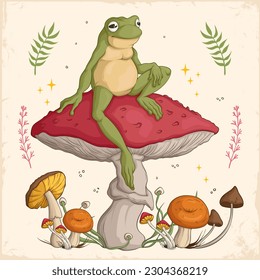 Hand drawn Cottagecore Aesthetic Goblincore Frog sitting on Mushroom, Cottage core style frog