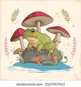 Hand drawn Cottagecore Goblincore Frog sitting on rock,Mushroom and water. Cottagecore style frog