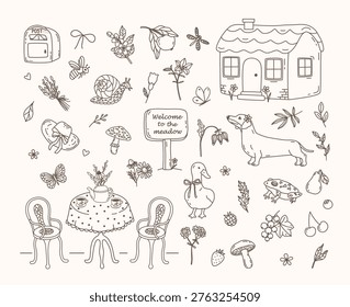 Hand drawn cottagecore meadow scene with rustic house, animals, tea table, flowers, mushrooms and berries. Cozy countryside vector set for cards, prints, stickers, nursery and summer decor.