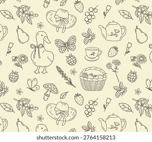 Hand drawn cottagecore seamless pattern with duck, teapot, berries and garden elements. Vintage line art background for textile design, wallpaper, wrapping paper, scrapbooking, slow living lifestyle.
