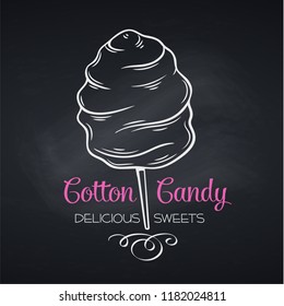Hand drawn cotton candy on chalkboard. Design template menu cafe. Engraving style. Vector illustration.