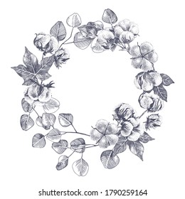 Hand drawn cotton and eucaliptus wreath. Hand drawn floral design in retro style with free place for your text