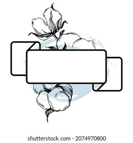 Hand drawn cotton floral logo, frame, border, promo element. Brand emblem template. Minimalistic monogram. Rustic elegant trademark or logotypes background.