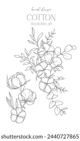 Hand Drawn Cotton Flowers Line Art Illustration. Cotton Balls isolated on white. Floral Line Art. Cotton Plant Black and white illustration. Fine Line Cotton illustration. 