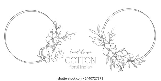 Hand Drawn Cotton Flowers Line Art Illustration. Cotton Balls isolated on white. Floral Line Art. Cotton Plant Black and white illustration. Fine Line Cotton illustration. 