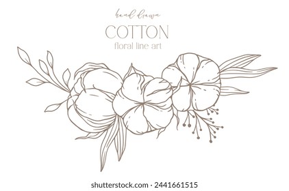 Hand Drawn Cotton Flowers Line Art Illustration. Cotton Balls isolated on white. Floral Line Art. Cotton Plant Black and white illustration. Fine Line Cotton illustration. 