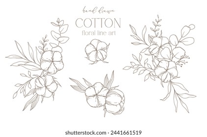 Hand Drawn Cotton Flowers Line Art Illustration. Cotton Balls isolated on white. Floral Line Art. Cotton Plant Black and white illustration. Fine Line Cotton illustration. 