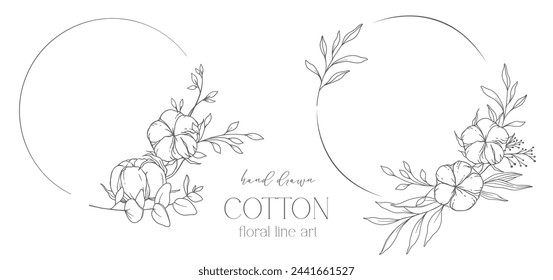 Hand Drawn Cotton Flowers Line Art Illustration. Cotton Balls isolated on white. Floral Line Art. Cotton Plant Black and white illustration. Fine Line Cotton illustration. 