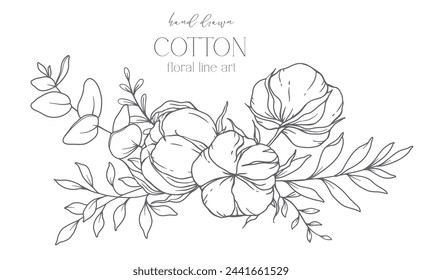 Hand Drawn Cotton Flowers Line Art Illustration. Cotton Balls isolated on white. Floral Line Art. Cotton Plant Black and white illustration. Fine Line Cotton illustration. 