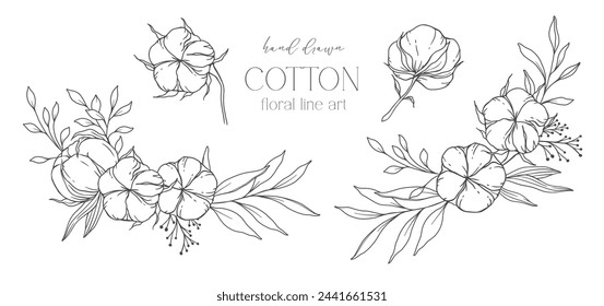 Hand Drawn Cotton Flowers Line Art Illustration. Cotton Balls isolated on white. Floral Line Art. Cotton Plant Black and white illustration. Fine Line Cotton illustration. 