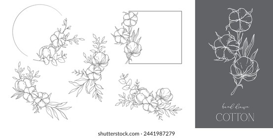 Hand Drawn Cotton Flowers Line Art Illustration. Cotton Balls isolated on white. Hand drawn floral frame. Cotton Plant Black and white illustration. Fine Line Cotton illustration. 