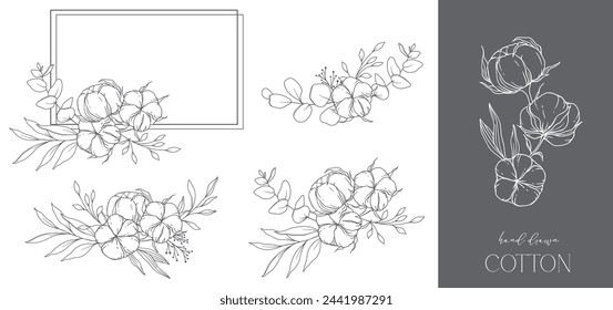 Hand Drawn Cotton Flowers Line Art Illustration. Cotton Balls isolated on white. Hand drawn floral frame. Cotton Plant Black and white illustration. Fine Line Cotton illustration. 