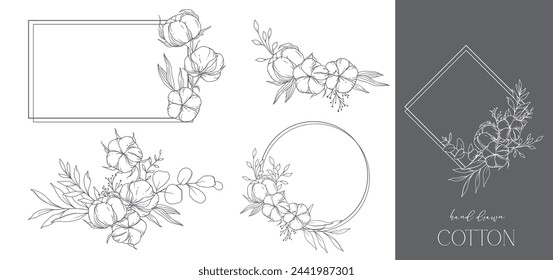 Hand Drawn Cotton Flowers Line Art Illustration. Cotton Balls isolated on white. Hand drawn floral frame. Cotton Plant Black and white illustration. Fine Line Cotton illustration. 